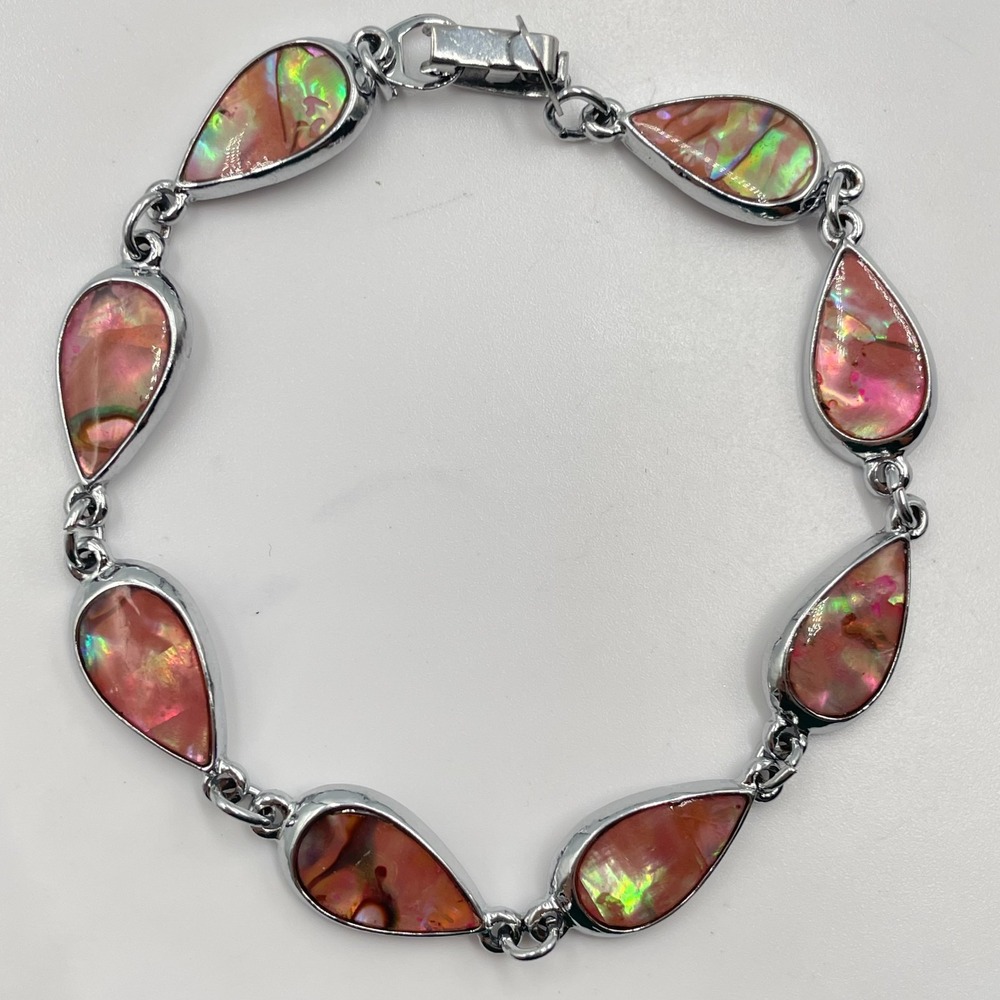 Vintage Pink Abalone Shell Teardrop Link Bracelet Silver Tone Boho Iridescent